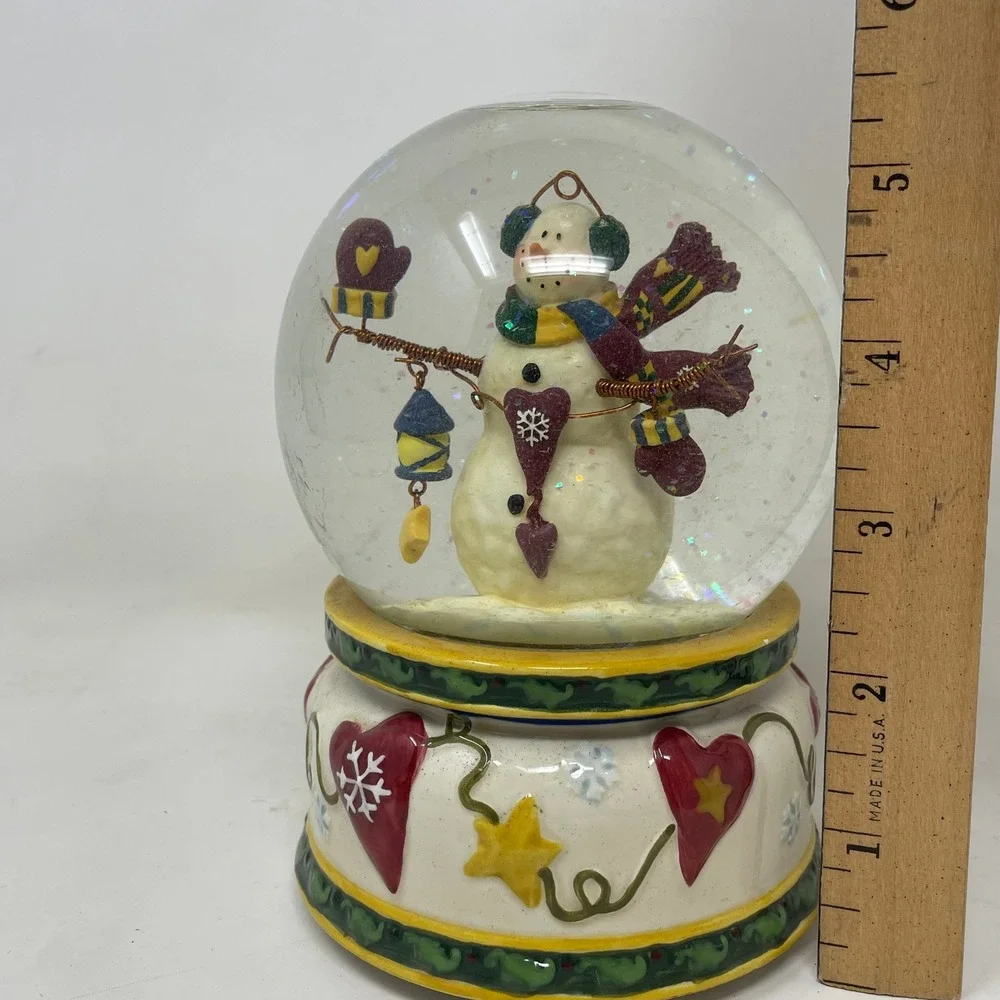 Vintage Snowman Musical Snow Globe Christmas Decor Hearts Stars Glitter
